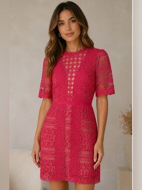 Just Me Fuchsia Pink Crochet Lace Mini Dress